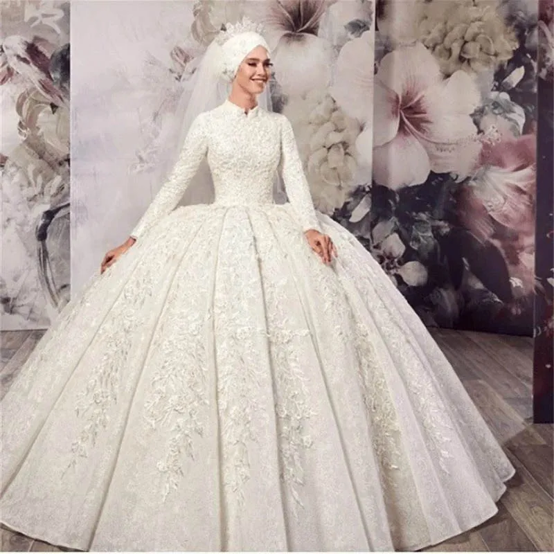 

Good Quality Lace Appliques High Neck Muslim Wedding Dress Court Train Long Sleeve Vestidos De Novia Ballgown Bridal Gown