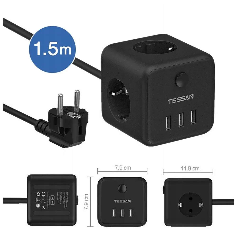 

TESSAN Cube Power Strip with 3 AC Outlets 3 USB 1.5M Cable Overload Protection Multiple European Plug Extension Socket for Home