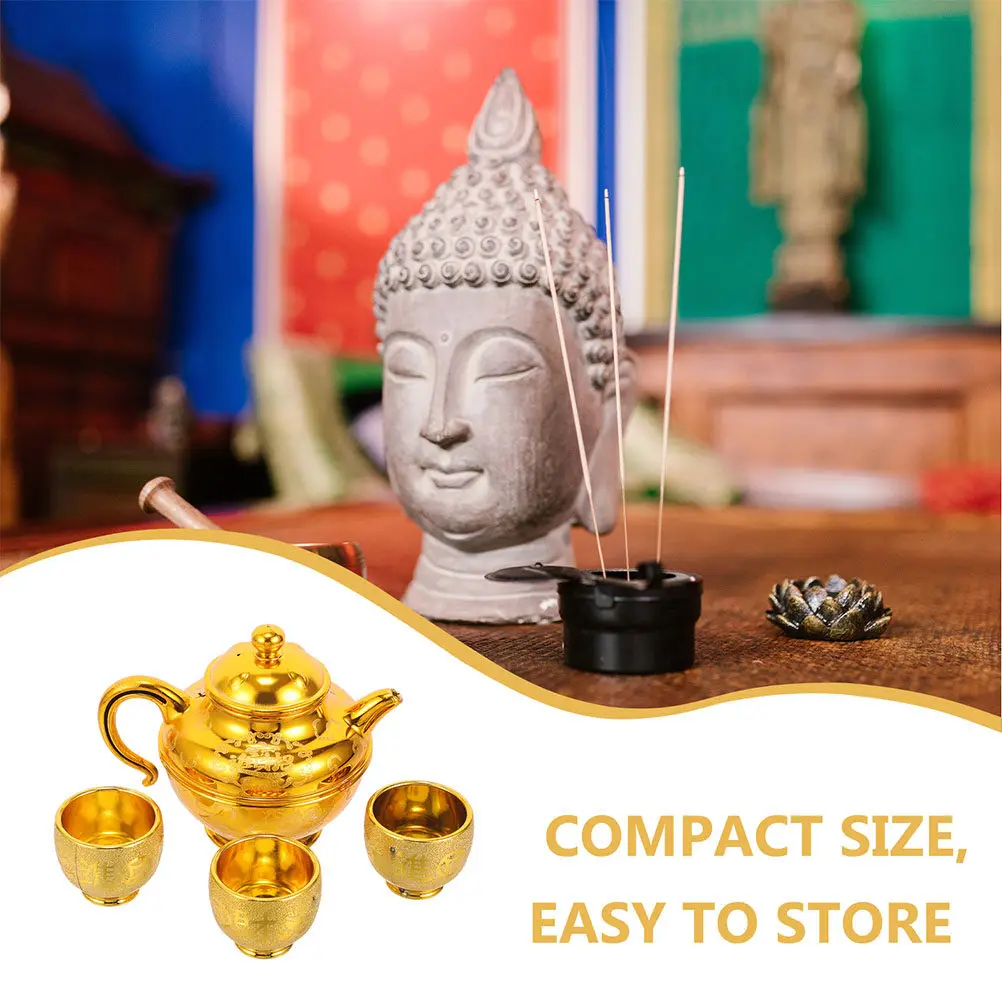 1Set Golden Offering Teapot Cup Set Classic Retro Design Temple Worship Buddha Cup Household Decorative Offering Supplies