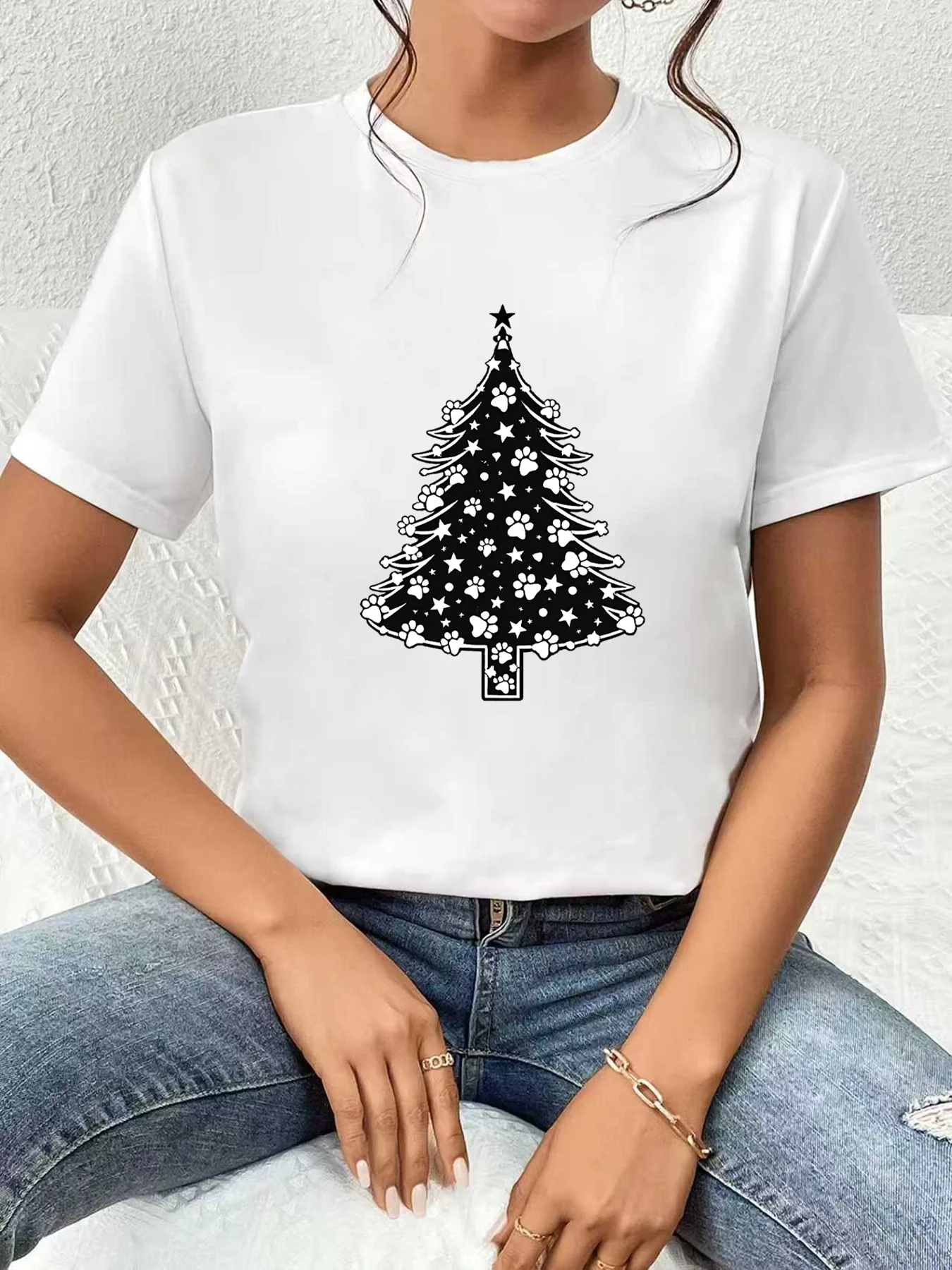 

【WDS03174】 Женская футболка больших размеров с принтом «Рождественская елка», летняя, повседневная, с коротким рукавом, круглым вырезом, в уличном стиле, универсальная