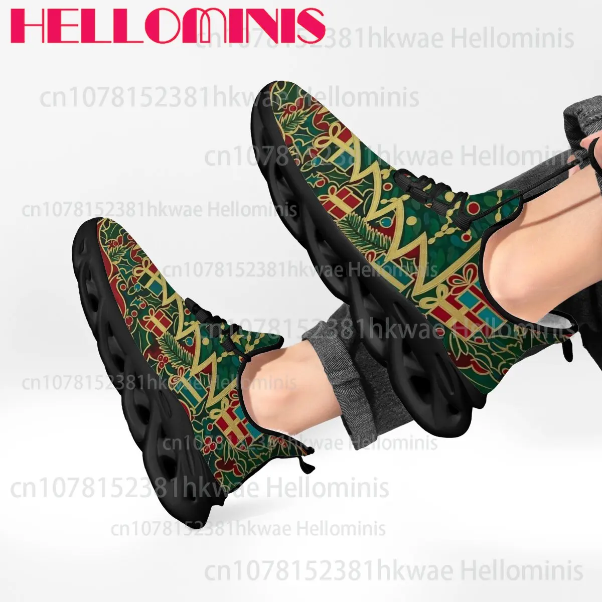 Picture 6: Fleece Lined Christmas Holly Print Unisex Adult Sneakers Warm Plush Lining Hollow Wave Sole Breathable Casual Walking Footwear