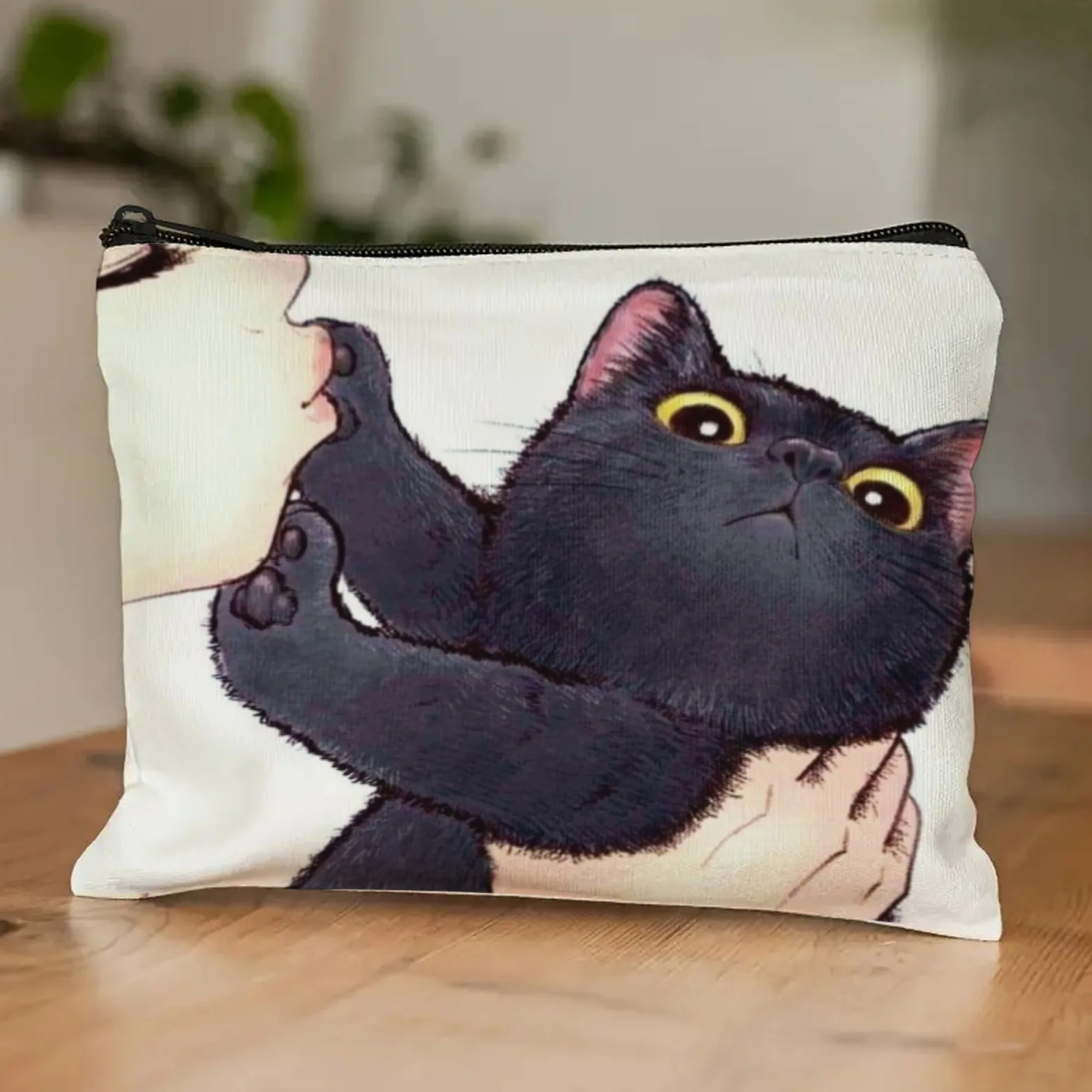 Cute Black Cat Cosmetic Bag Adorable Kitten with Yellow Eyes Heartwarming Interactive Print Makeup Pouch Gift for Cat Lovers