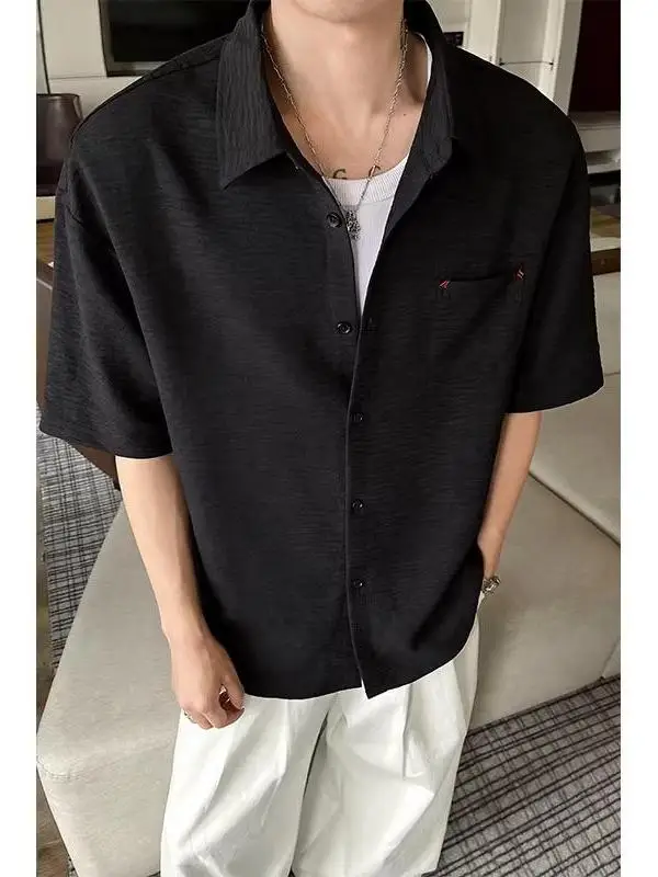 

Summer Large Size Men's Shirt Short Sleeve Retro American Style Pure Color Flannel Casual Top for Young Men Trendy Brand