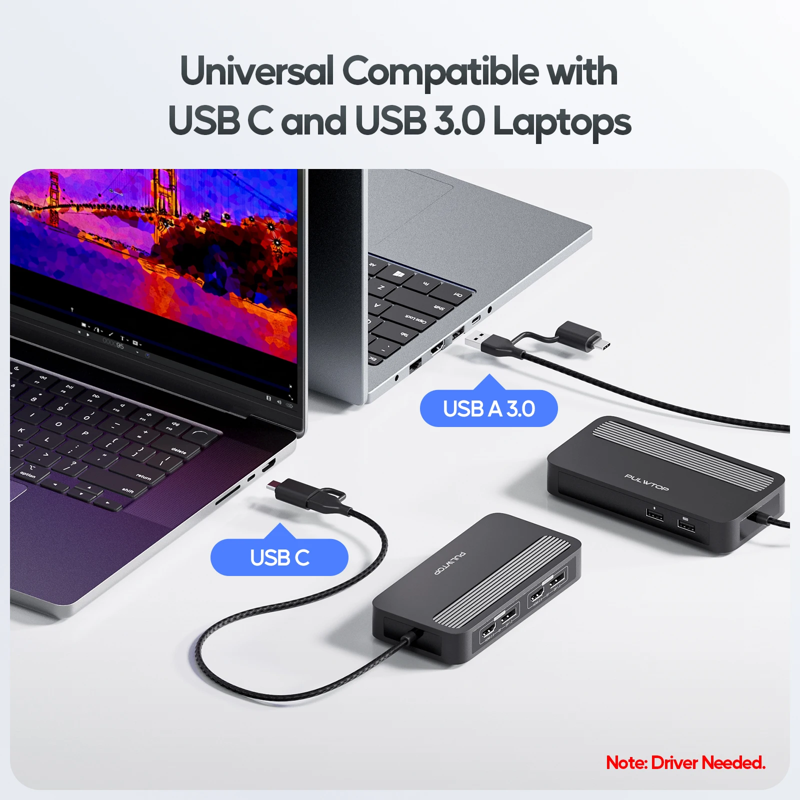Док-станция PULWTOP Dual DisplayLink с DisplayPort или HDMI, 2 USB A 2.0, Ethernet для MacBook M1/M2/M3/M4/M5/Windows