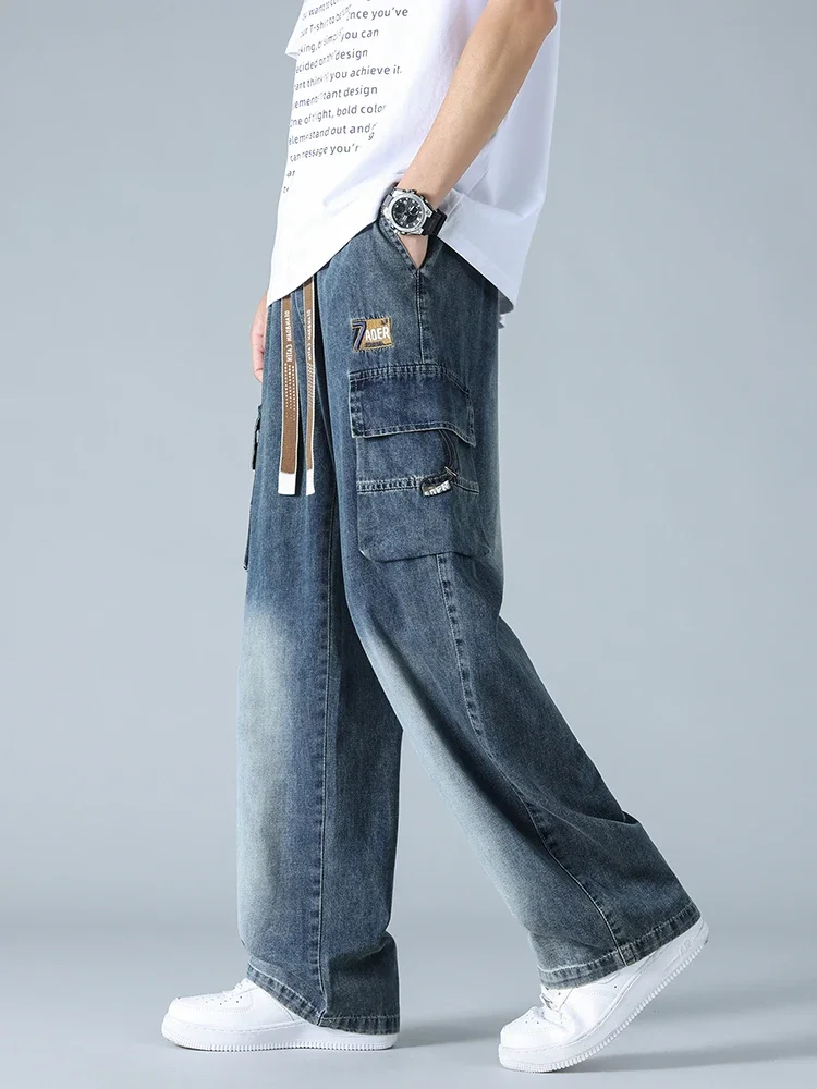 

2025 Summer Men's Straight Jeans Multi-Pockets Wide Leg Denim Cargo Pants 8XL 7XL 6XL Big Size Lightweight Baggy Jeans Trousers