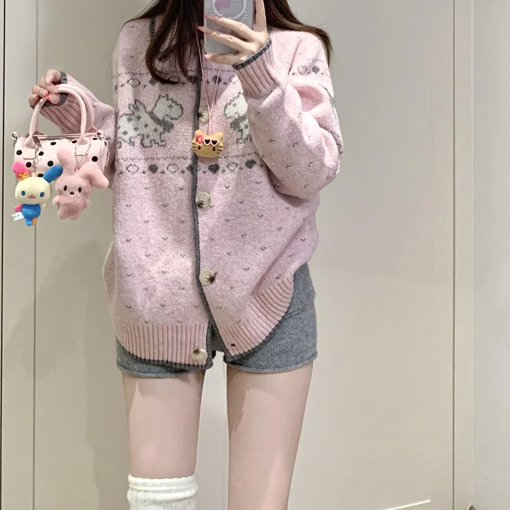 

2025 Design Sweater Lazy High Sense Loose Knitted Cardigan Jacket Women's Autumn and Winter New Pink Top