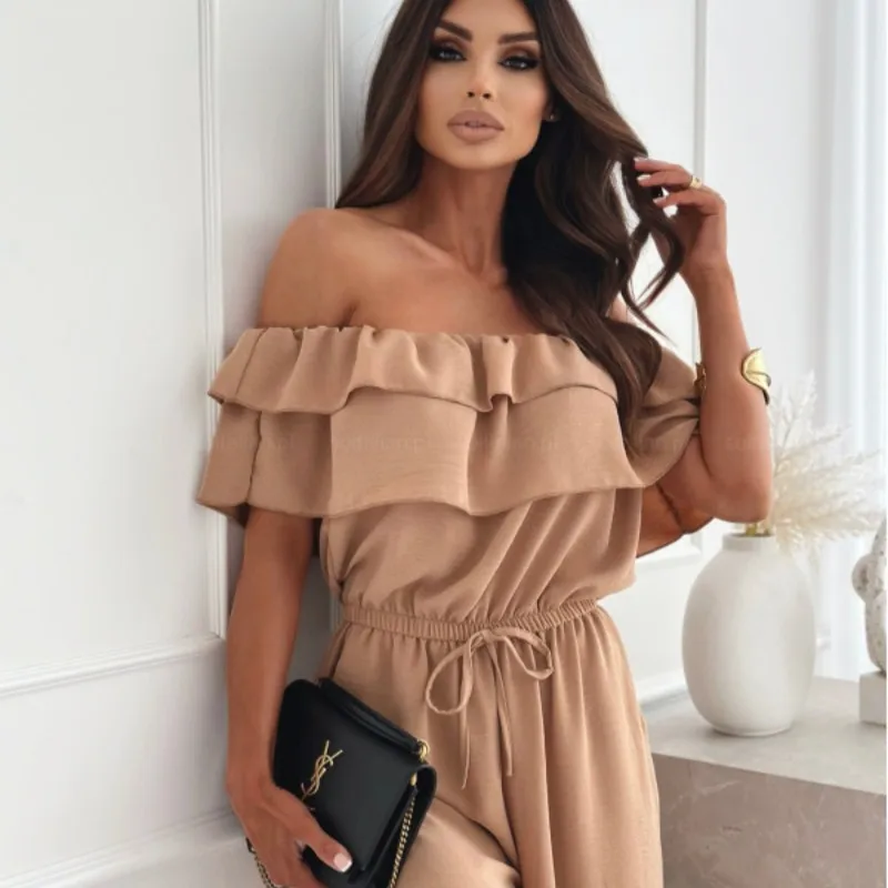 Jumpsuit, women's wear, ladies' pants, spring best-seller women's wear, one-piece neckline pure color waist-hugging jumpsuit