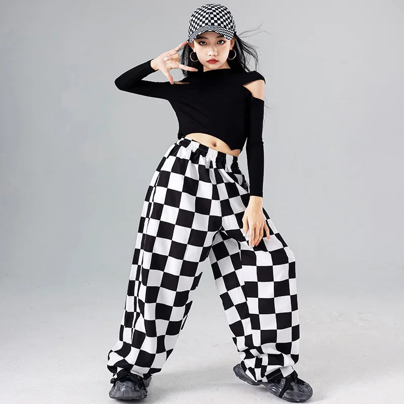 Mädchen Hip Hop Off Schulter Crop Top Plaid Jogger Hosen Kleidung Kinder Streetwear Sets Kinder Jazz Street Dance K-pop kostüm
