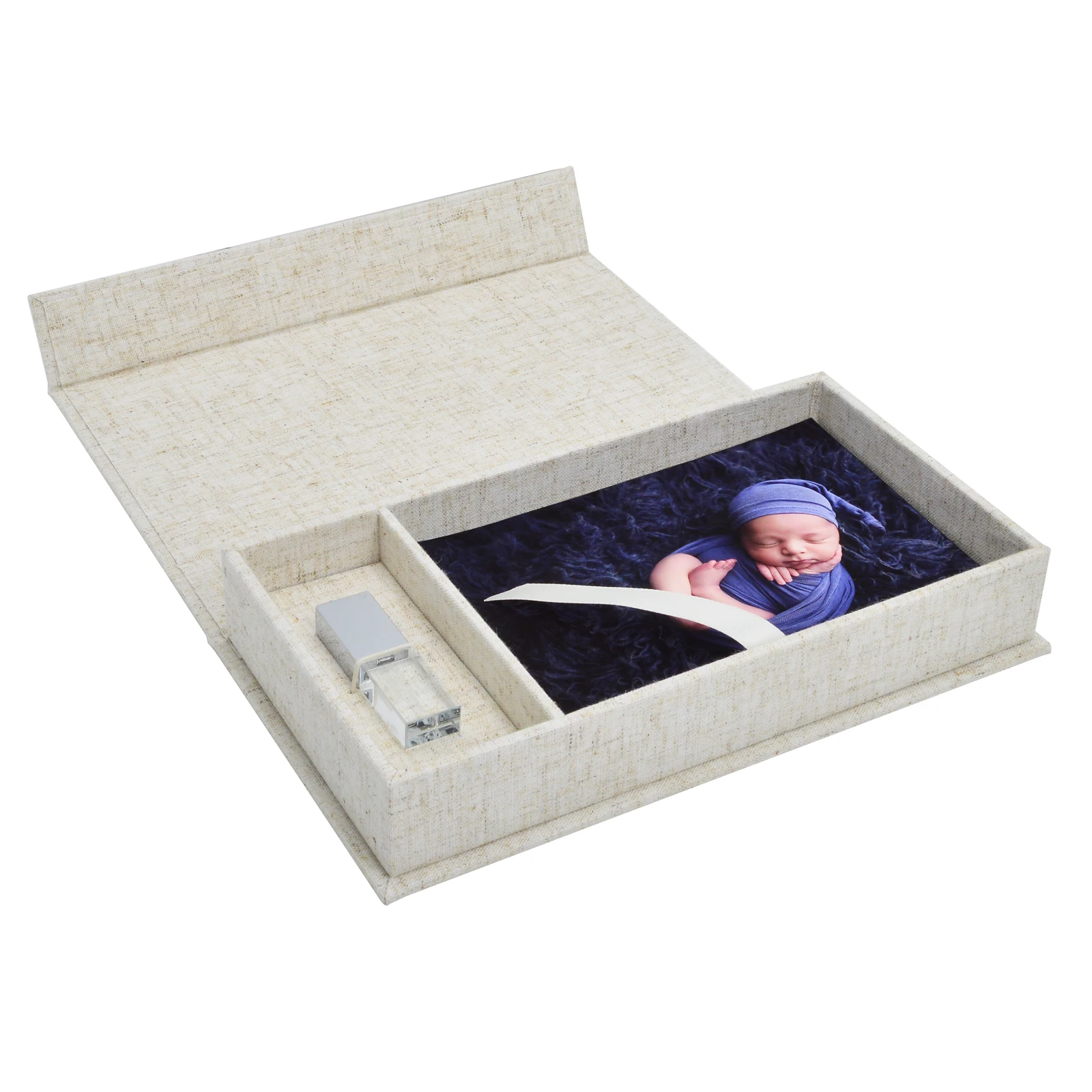 

customized Professional Photo Box with USB Storage, Linen Presentation box, Ribbon Closure