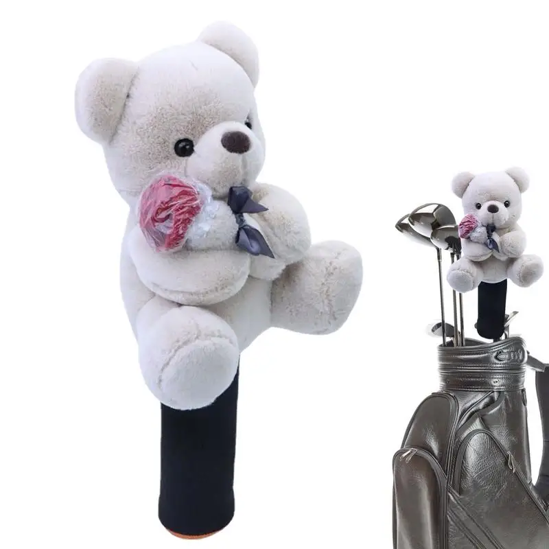 Bear Golf Head Cover Bear Holding Rose Golf Headcovers Kawaii Animal Bear Soft Driver Protection Cute Stuffed Bear For Golf