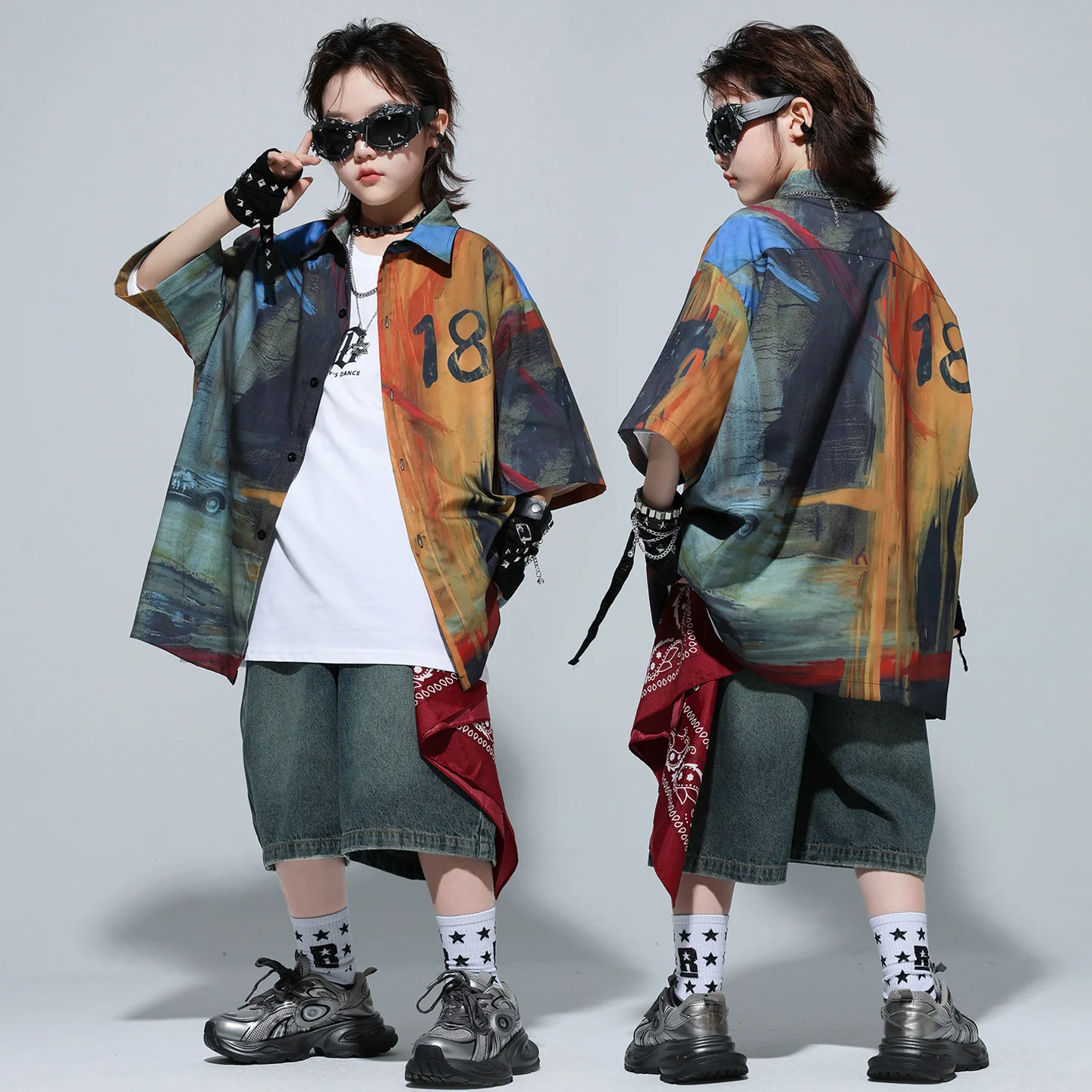 طفل الهيب هوب الملابس مجموعات النفط اللوحة طباعة قميص خمر الدينيم شورت جينز السراويل الأوسط لفتاة صبي ملابس رقص الجاز