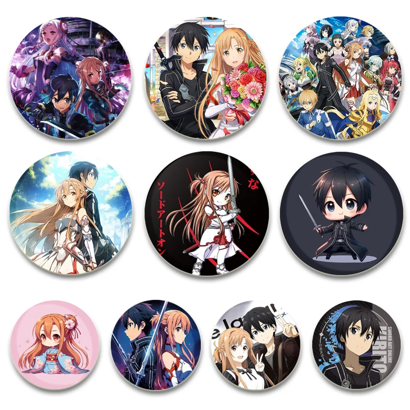 Alfileres de botón en línea de espada de Anime, insignia de dibujos animados SAO, broches creativos redondos para mochila, accesorios de joyería, regalos hechos a mano