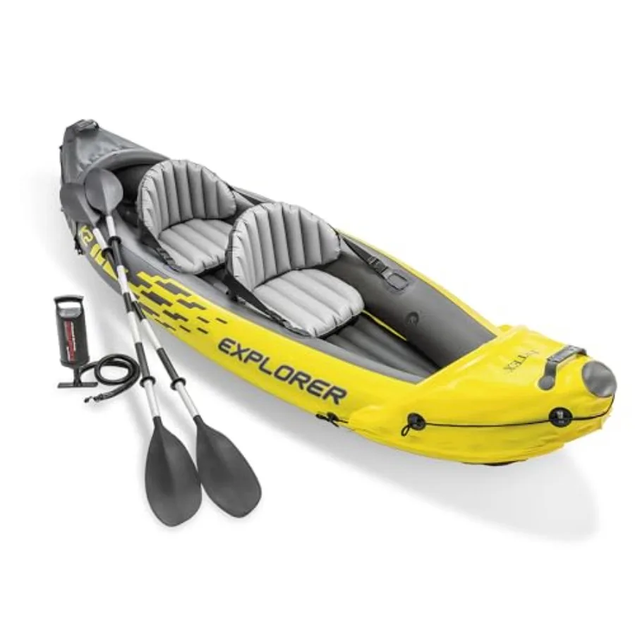 Set de Kayak Inflable Explorer K2 para Aventuras Acuáticas al Aire Libre: PVC Super Resistente, Gris/Negro, Capacidad de 400 lb, Asientos Ajustables