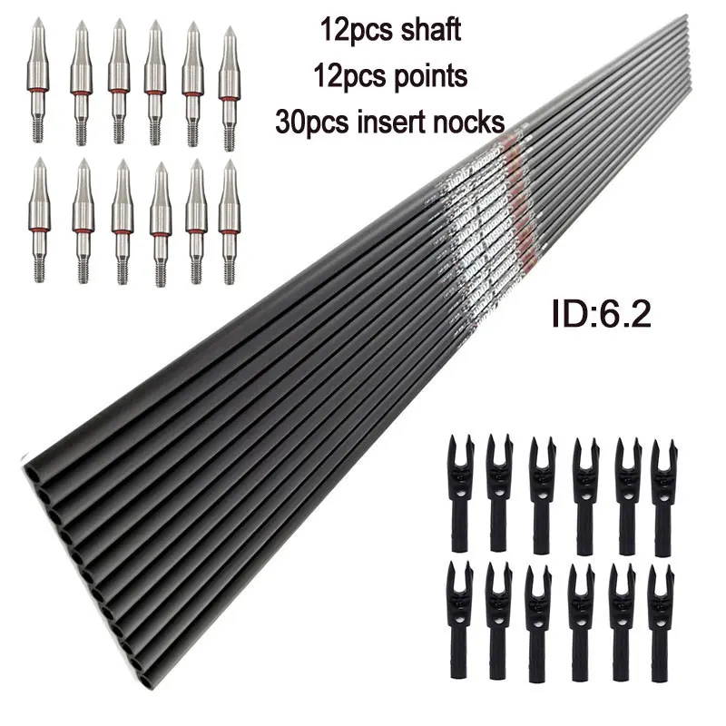 Tiro com arco Carbono Setas Eixos para Caça, Dicas de Alta Qualidade, 100 Grãos, DIY, Acessórios, 300-800, ID6.2mm, 12Pcs