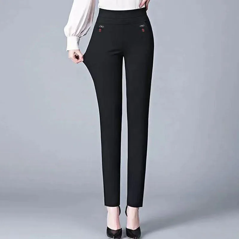 Office Lady Solid Big Size 6XL All-match Pencil Pants Spring Autumn Fashion Women Elastic High Waist Pockets Straight Trousers