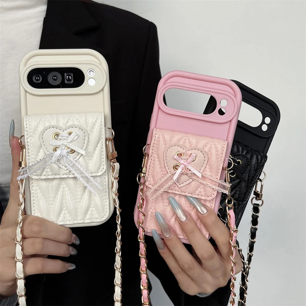 Чехол-кошелек из стеганой искусственной кожи с ремешком через плечо и бантом для Google Pixel 9 10 Pro XL 8 7 9a 8a 7a