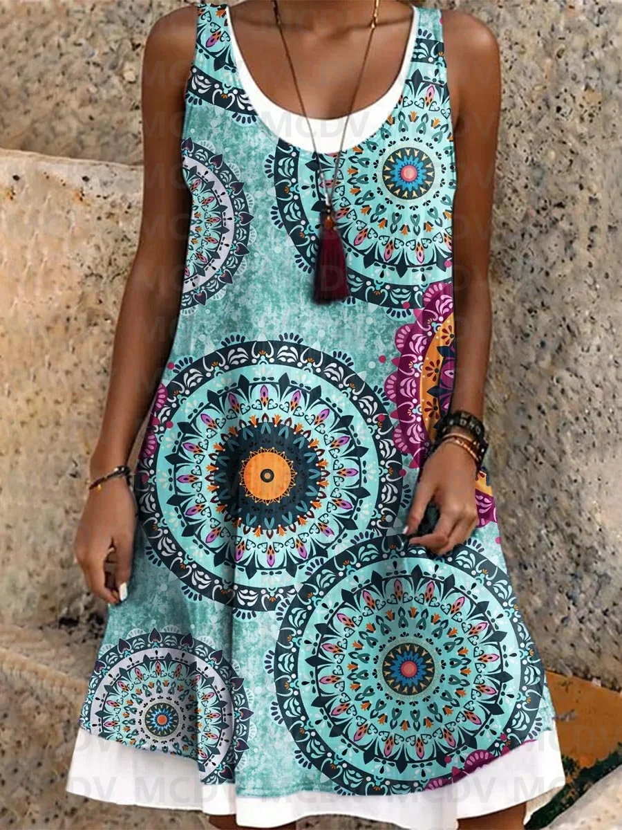 Women's Vacation Casual Loose Splicing Retro Ethnic Art Print Dress