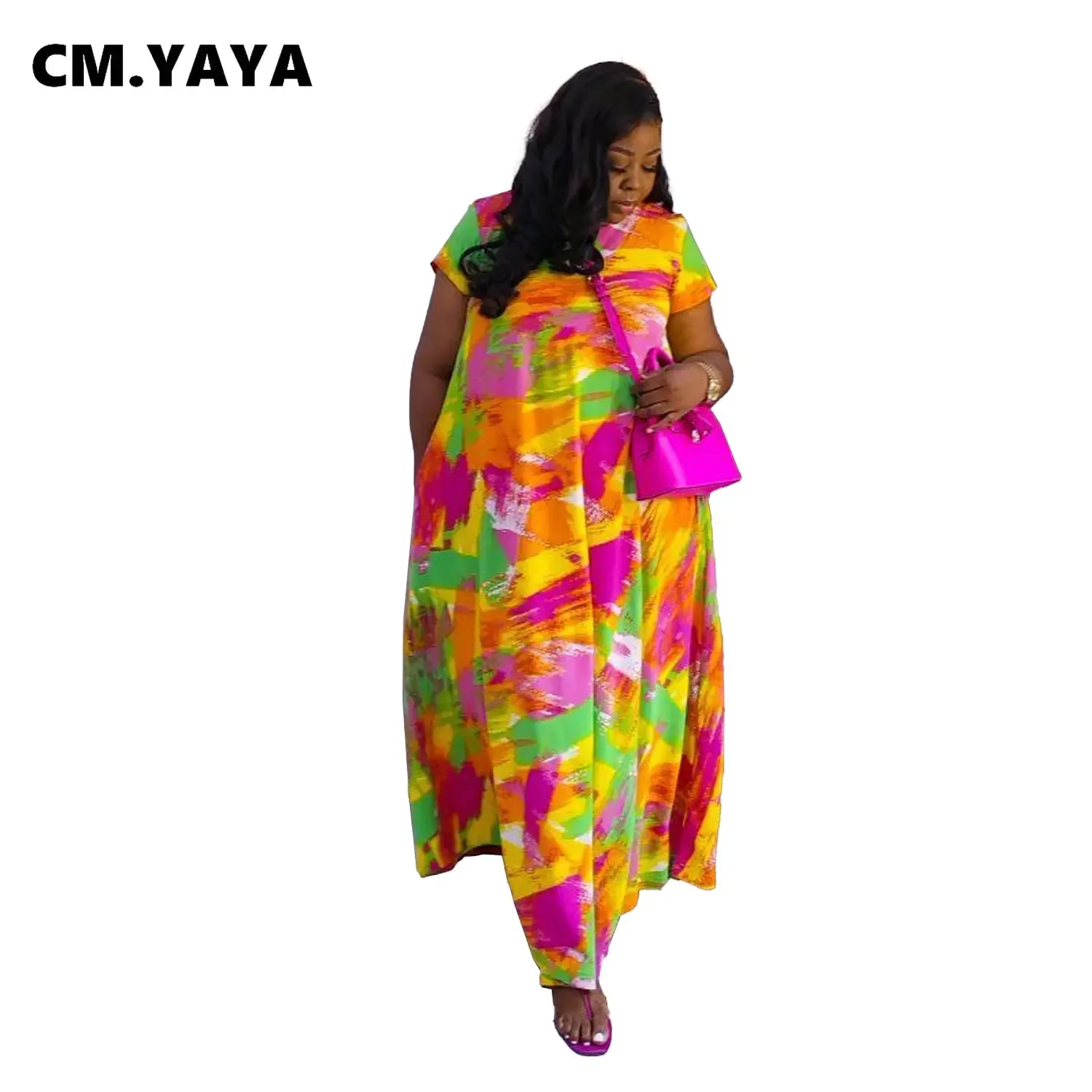 CM.YAYA Women Tie Dye Printed Short Sleeve Maxi Long Loose Dress 2023 Summer Vestidos Sexy Clubwear Party Evening Dresses