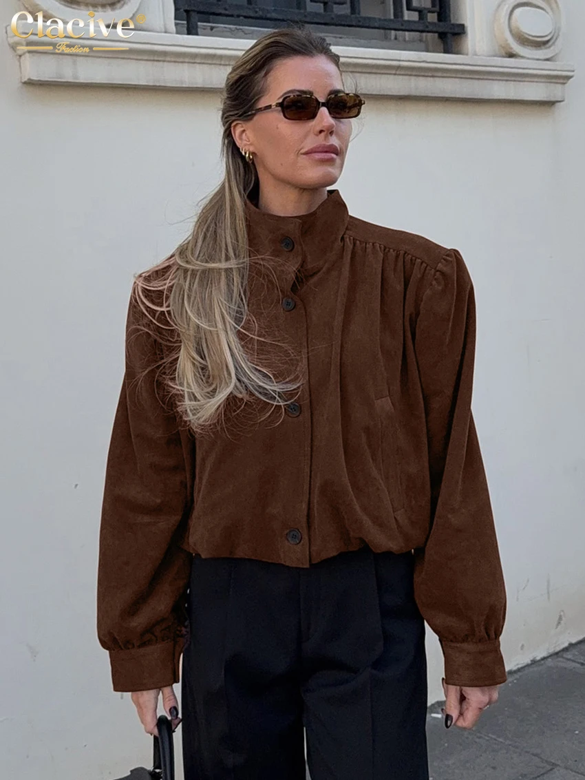 Clacive Winter Lose Braun frauen Hemd 2025, Mode Stehen Kragen Langarm Shirts Elegante Klassische Solide Top Weibliche Kleidung