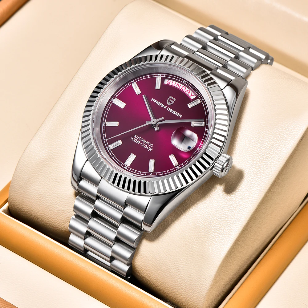 ساعة باجاني ديزاين للرجال 40 ملم ساعة ميكانيكية فاخرة للرجال NH36A كريستال الياقوت تقويم الأحد ساعة رجالية من الفولاذ المقاوم للصدأ