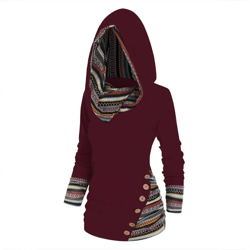Women's Shirt Geometric Stripe Patchwork Cross-Border Tribe Patterned Top Casual Ethnic Style Knitted Long Sleeve Hoodie