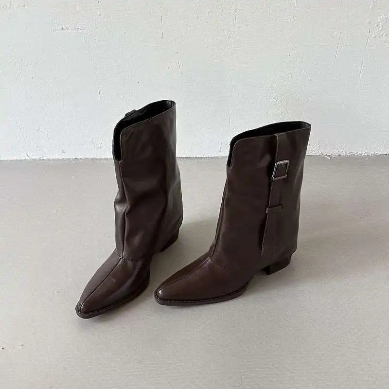 Krazing Pot Cow Skin Pointed Toe Thick High Heel Zip Winter Shoes Punk Style Vintage Plus Size 42 Pleated Decoration Ankle Boots