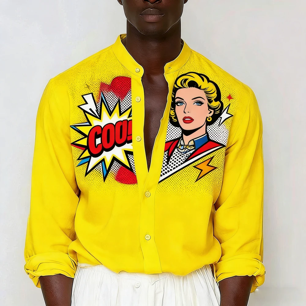 

Мужская красочная индивидуальная рубашка с 3D принтом, гавайская тропическая рубашка с длинными рукавами и воротником-стойкой, уличная одежда