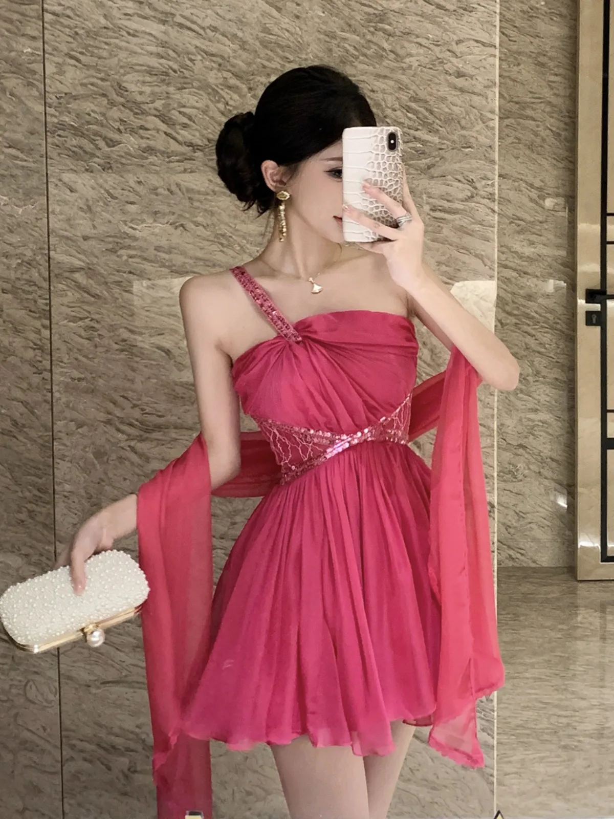 

Summer Sexy Lace Splice Dress Hanging Sensation Asymmetrical Shoulder Gored Design with Shawl Women's Fashion Short Puffy Skirt