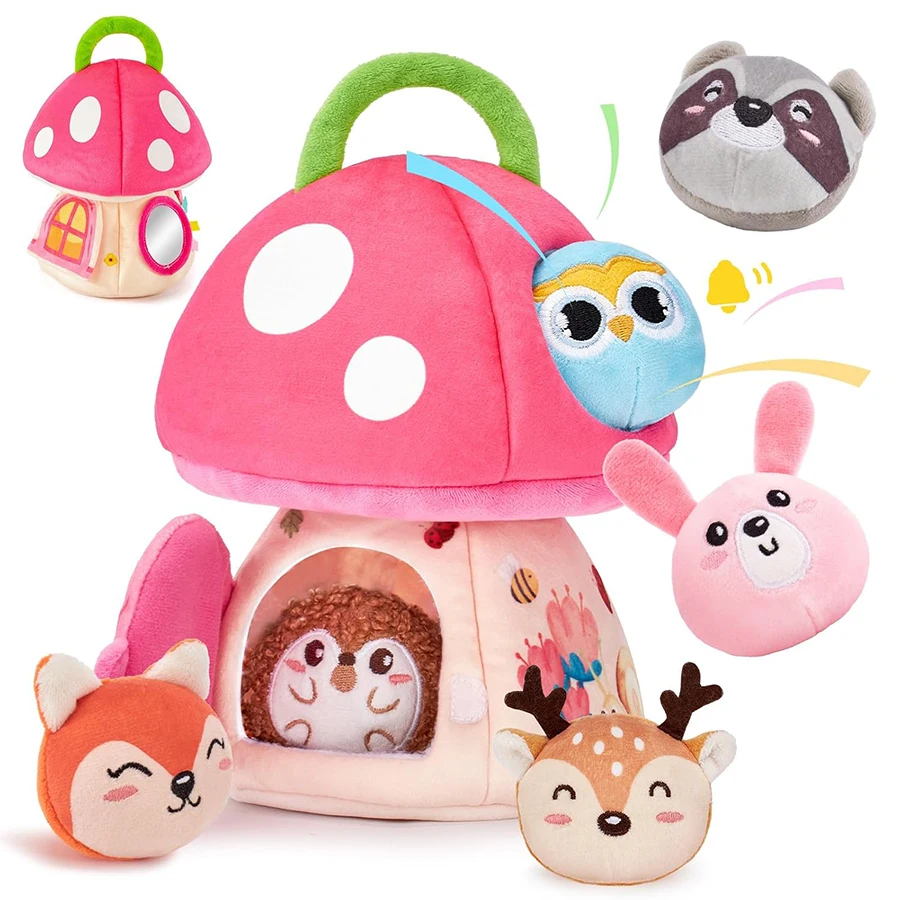 Brinquedos para bebês de 6 a 12 meses, brinquedos montessori para meninas de 6 meses, minha primeira casa de cogumelo com chocalho de animais da selva de pelúcia