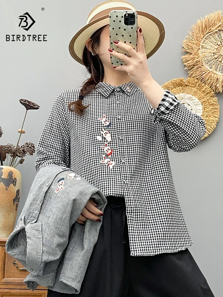 

Новая женская хлопковая рубашка с длинным рукавом Весна 2026, с вышивкой на лацканах и узором «гусиная лапка», в стиле Mori Girl, повседневная свободная блузка T61785CC