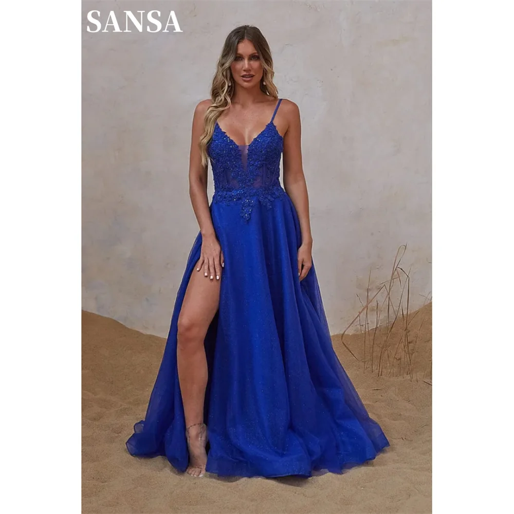 Sansa formale rücken freie A-Linie blaue Spitze Abendkleid Spaghetti träger boden lange Brautkleider Stickerei Vestidos de Fiesta