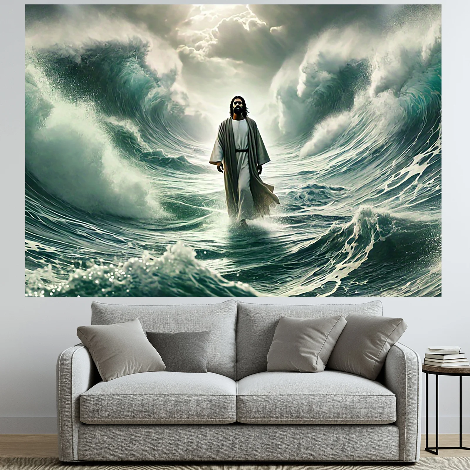 1 szt. Obraz na ścianę przedstawiający Jezusa chodzącego po wodzie, scena religijna, nie wymaga elektryczności, uniwersalna dekoracja kościelna