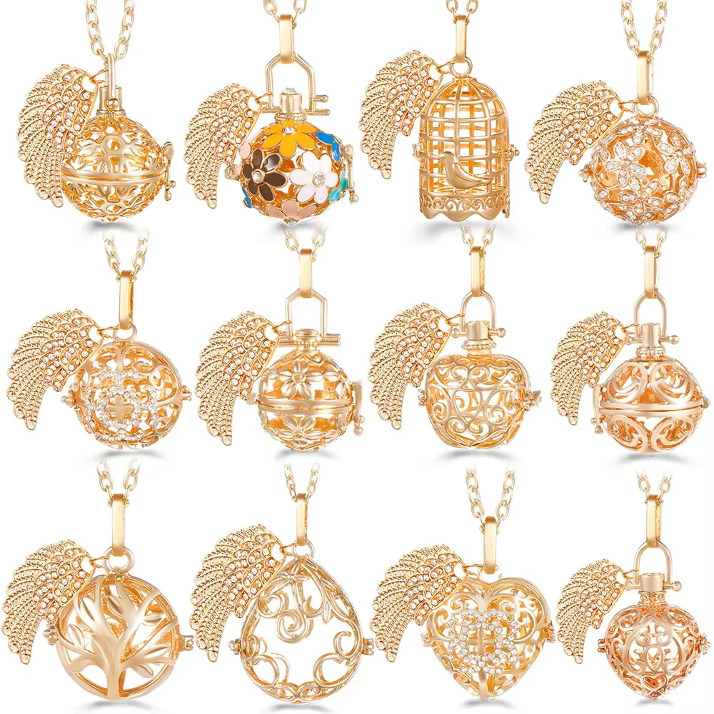 Mexico Caller Chime Women Bola Rhinestones Perfume Lockets Pendant Golden Angel Wings Aromatherapy Diffuser Necklace Accessories
