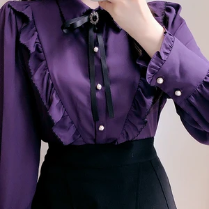 2025 Người phụ nữ xinh đẹp những cô gái ngọt ngào Băng trong suốt trong suốt Retro Laço Livíntioge Top Girouses Tím Xanh màu trắng 10 Người phụ nữ áo sơ mi màu tím chính - 5