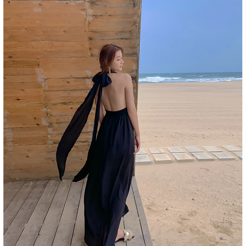 

Travel vacation halter backless strap chiffon dress