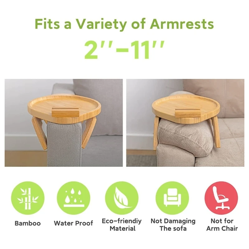 Sofa Tray Table Clip on Side Table for Wide Couches Arm Foldable Couch Tray with 360° Rotate Phone Holder Armrest Table