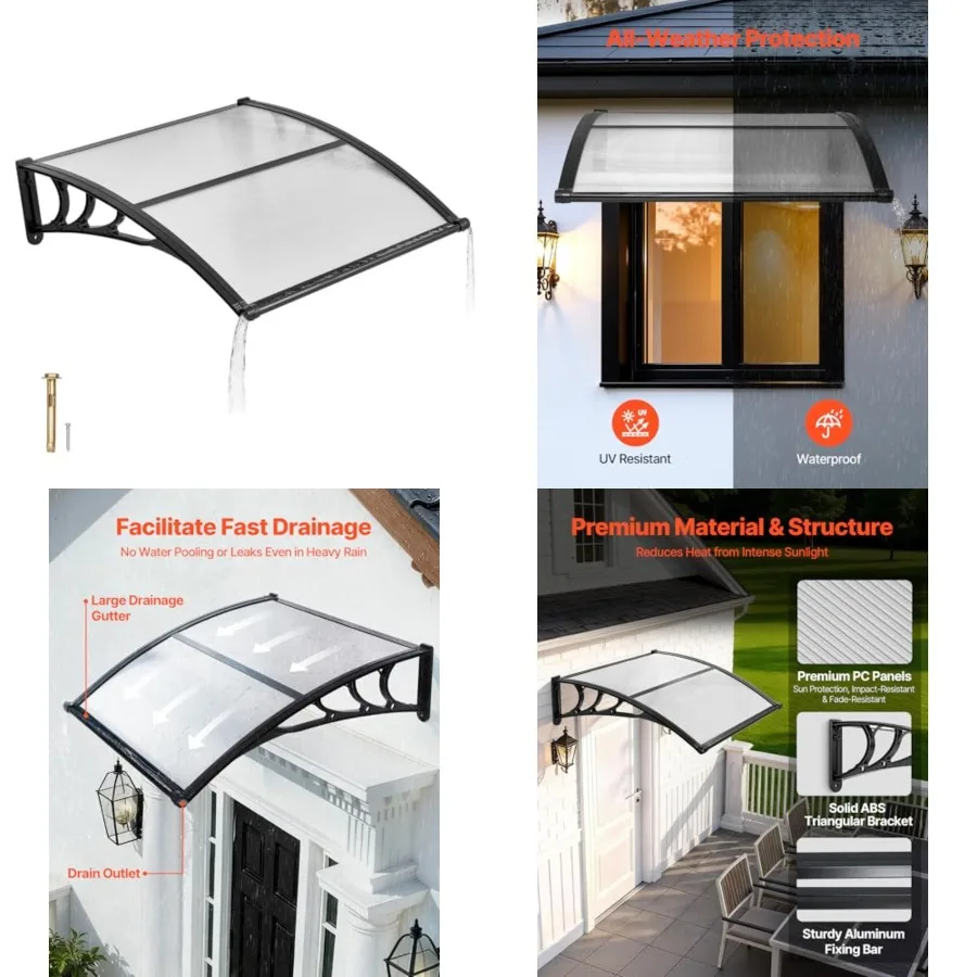 

Awnings for Door Entrance, 38" x 40" Window Door Awning Canopy Exterior with Drainage & ABS Bracket, Polycarbonate Cover Patio Door Awnings for Sun, UV, Rain, Snow Protection（Clear）