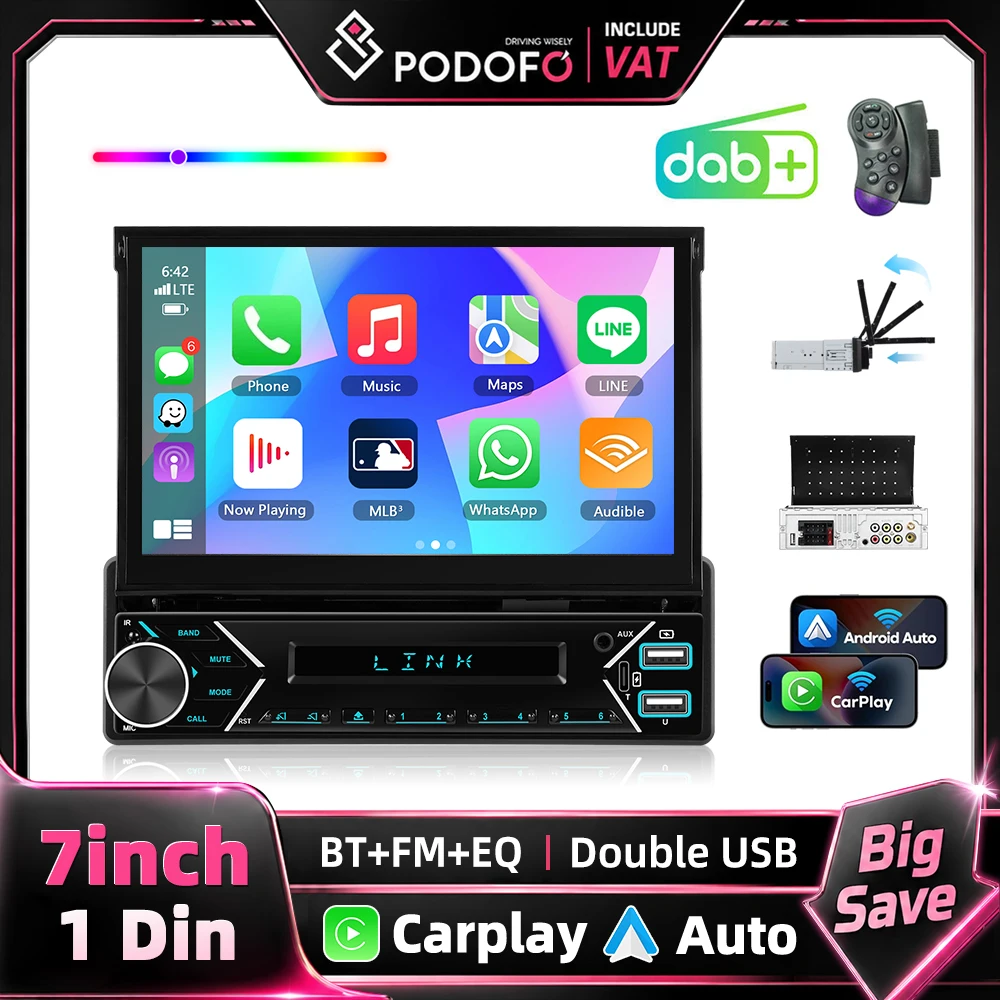 Podofo 1Din Radio Samochodowe 7" z Automatycznym Wysuwaniem Ekranu Dotykowego, Multimedialne Autoradio z Wbudowanym Bezprzewodowym Carplay, Android Auto, Radia DAB, Sterowaniem z Kierownicy i Funkcją