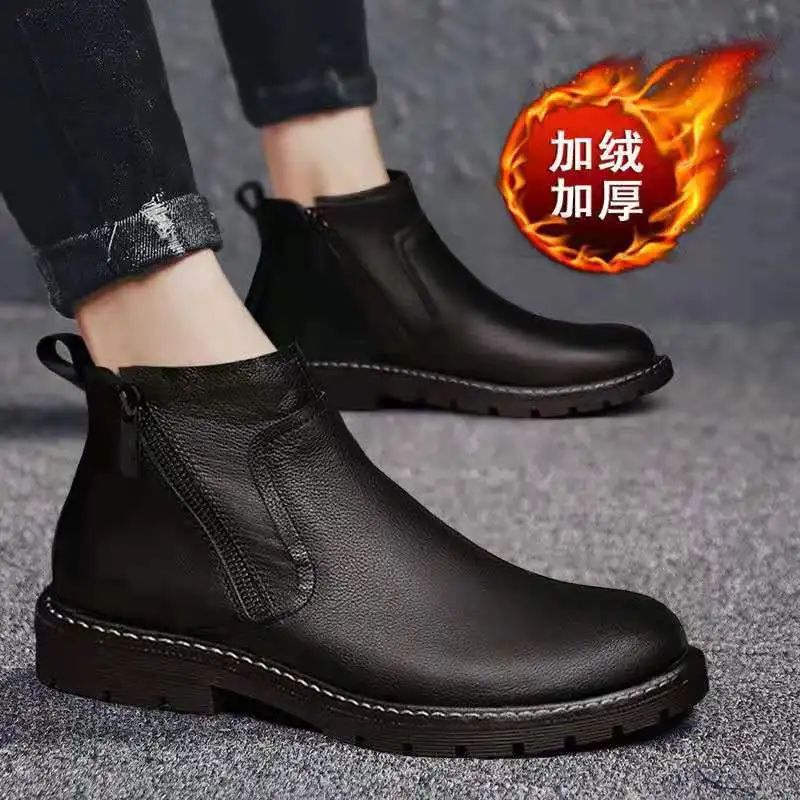 Autumn Winter Retro British Leather Boots High-top Cotton Shoes for Men Warm Brown Men's Business Shoes Short Boots Botas Hombre
