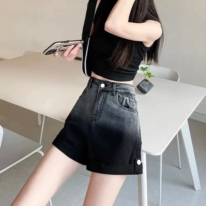 Women Summer Fashion Temperament Gradient Color High Waist Appear Thin Wide Leg Women Clothes Office Lady All-match Denim shorts