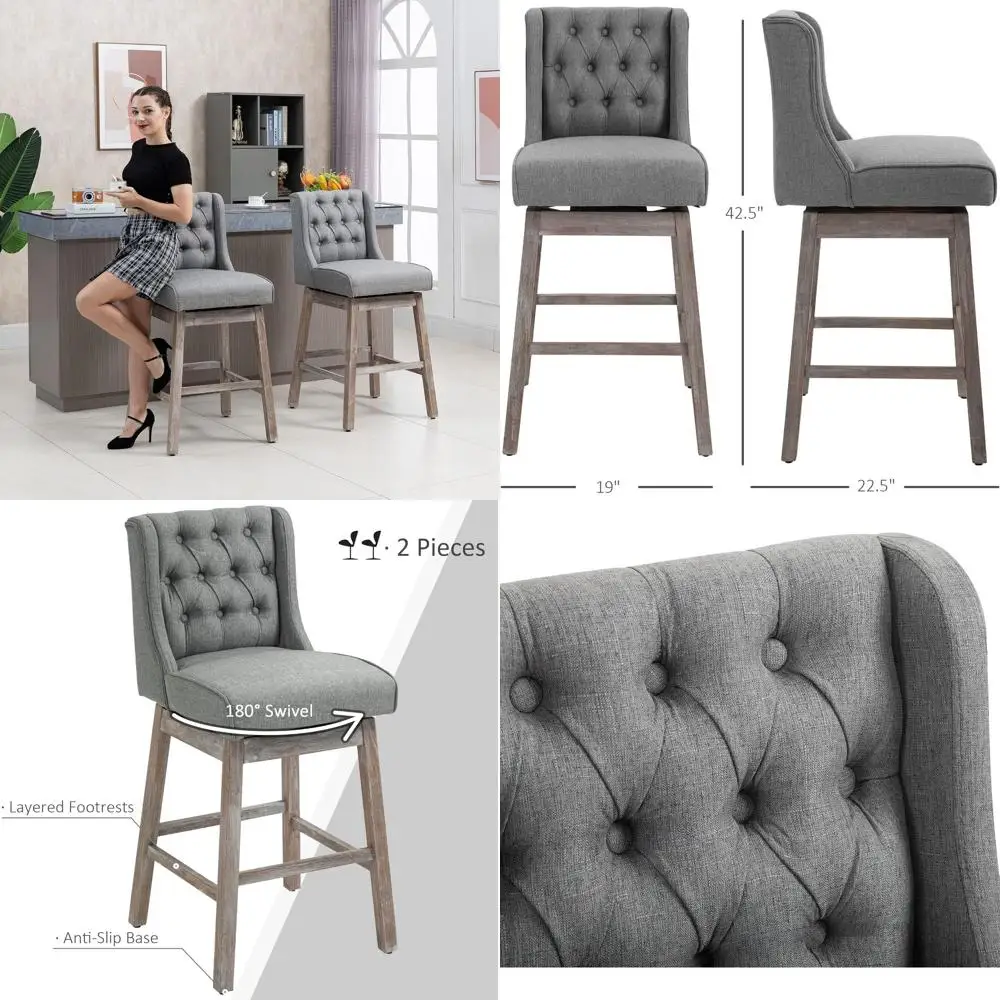 

Bar Height Bar Stools Set of 2, 180 Degree Swivel Barstools with Solid Wood Footrests and Button Tufted Design, 30" Seat Height