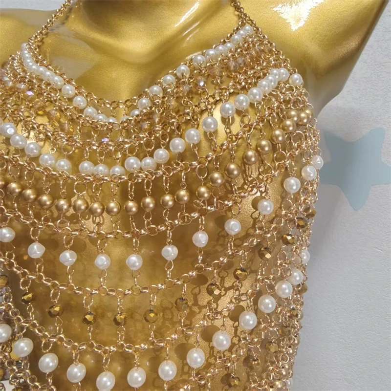 Damen Gold Perlen Körperkette Bralette Neckholder Mehrschichtiges Perlenbesetztes Crop-Top Sexy Rückenfreies Kettenhemd Nachtclub Festival Party – Detail 4