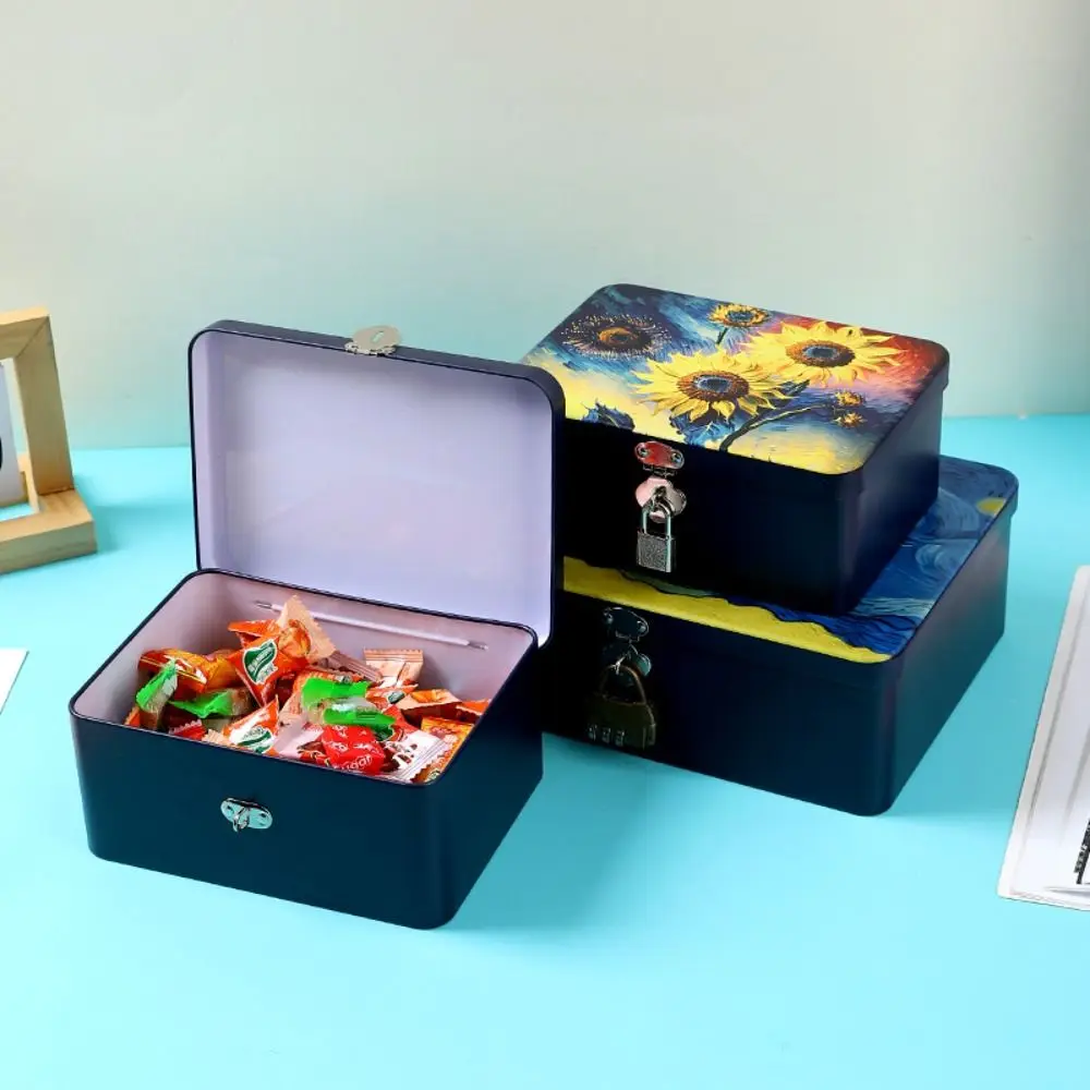 Durable Vintage Tinplate Box Large Capacity with Lock Key Desktop Storage Case Empty Box Household