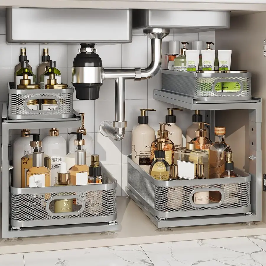

Набор из 2 органайзеров под раковину глубиной 15,5 дюймов с выдвижными направляющими NextGen BallBearing, 2-уровневое точное сетчатое выдвижное хранилище для ванной комнаты