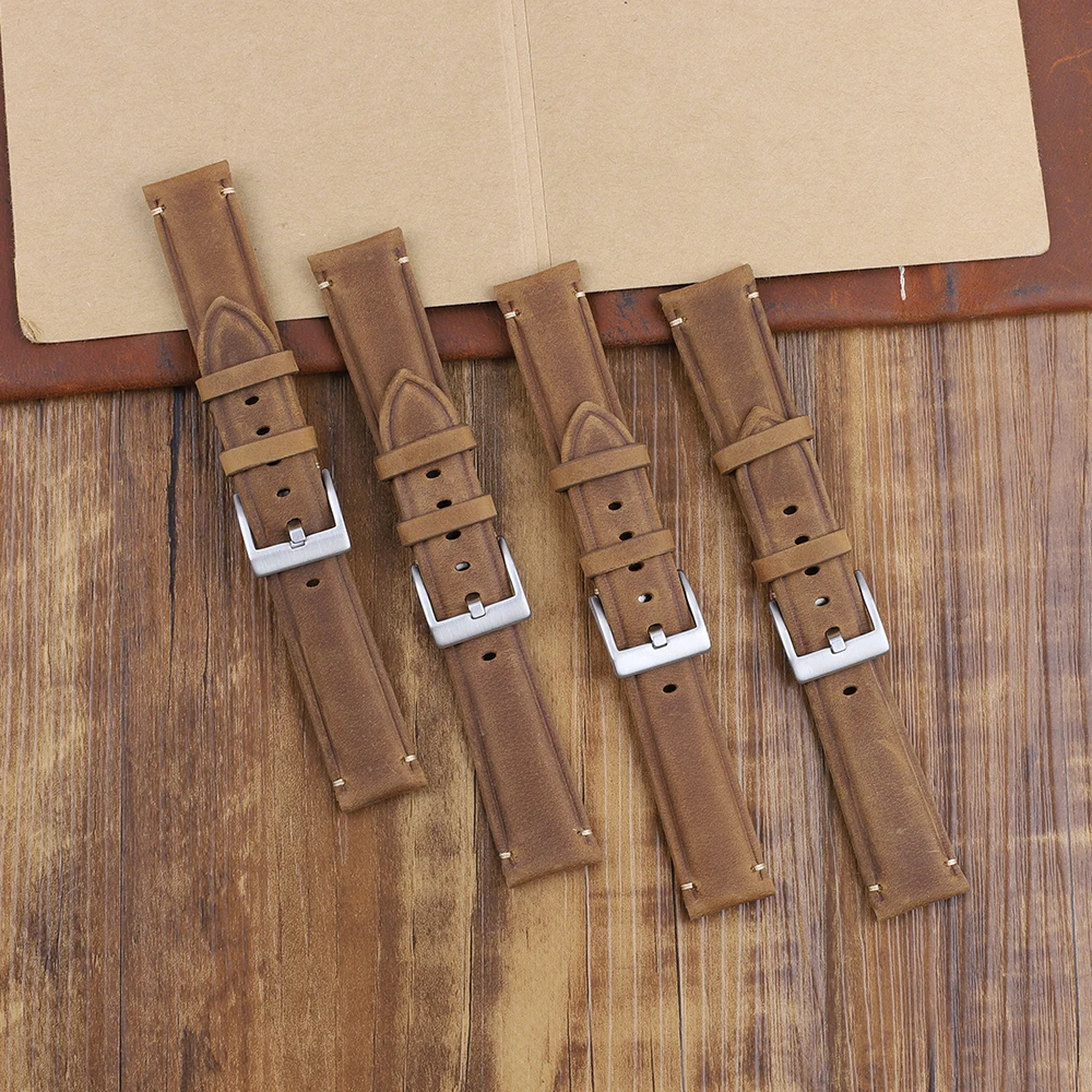 

Vintage Crazy Horse Genuine Leather Watchband 18mm 19mm 20mm 21mm 22mm Brown Watch Strap Handmade Stitching Soft Strap for Men