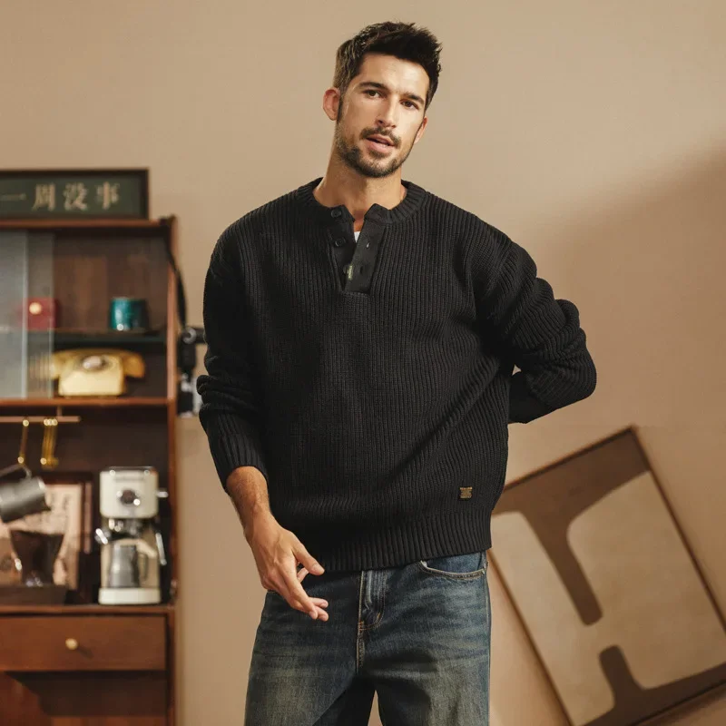 メンズヴィンテージニットヘビーセーター,高品質のアメリカンセーター,ゆったりとしたクルーネック,カジュアルブランド,ハーフカーディガン