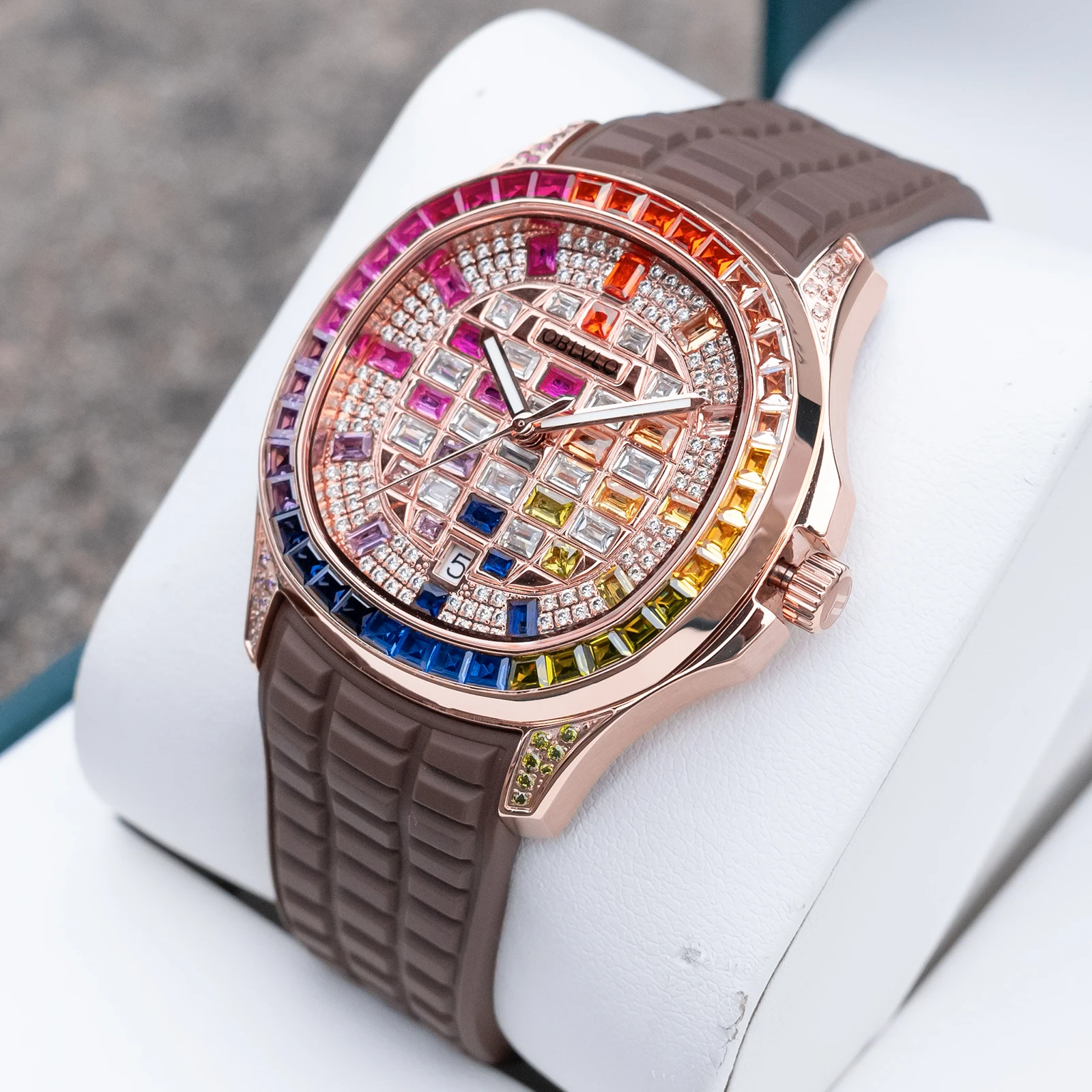 OBLVLO Fashion Men's Crystal Embellished Dial Automatic Watch, Date Display, Baguette Stone Bezel, Rubber Band FM-DSL