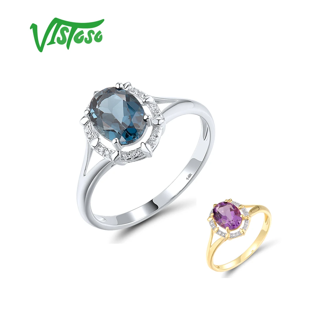 VISTOSO Pure 14K 585 Yellow /White Gold Ring For Women Sparkling Diamond Oval Amethyst Blue Topaz Trendy Wedding Fine Jewelry