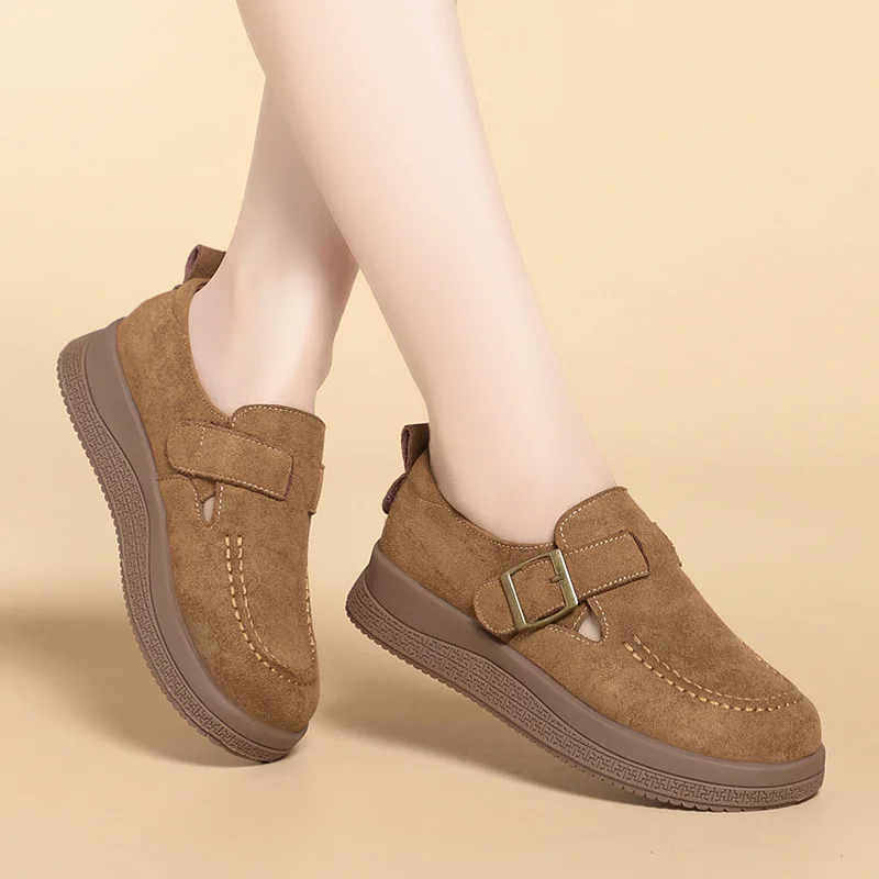 

Ретро-туфли на толстой плоской платформе с пряжкой, замшевые лоферы, универсальные, удобные, осенние, элегантные женские туфли 2026 года для работы и повседневной носки