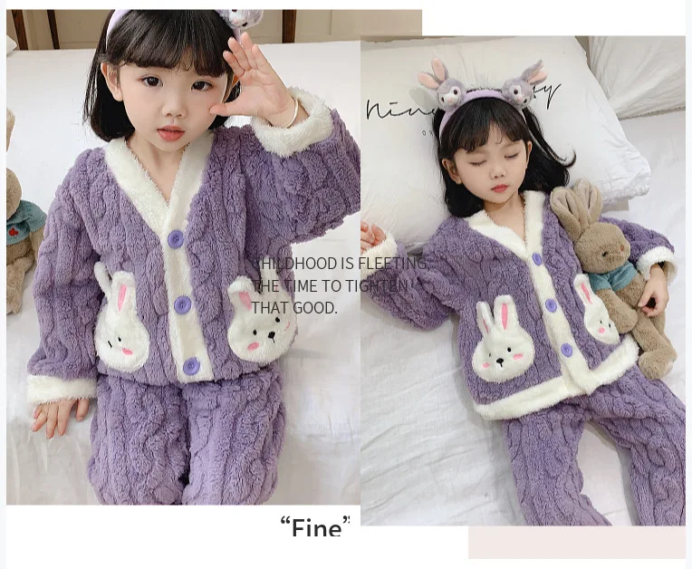Herbst-Winter-Kleinkind-Mädchen-Flanell-Pyjama-Sets Kinder Süßer Hase Verdickte Warme Strickjacke+Hose 2-teiliges Baby-Loungewear-Outfit – Detail 10